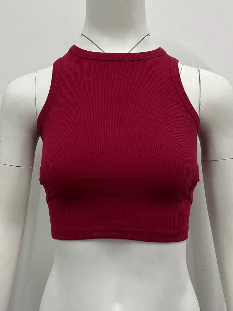 2023 Summer Solid Color Sveless T Shirt Womens Side Hole Knitted Tops Knitted Tops Basic Wear StreetwearXJ250212