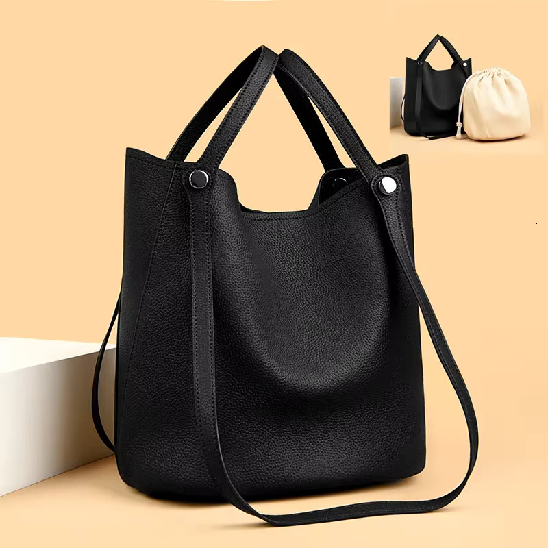 Genuine Leather Large Capacity Women Tote Bags Ladies Solid Color Cowhide Shoulder Crossbody Bucket Bag Female Sac A Main