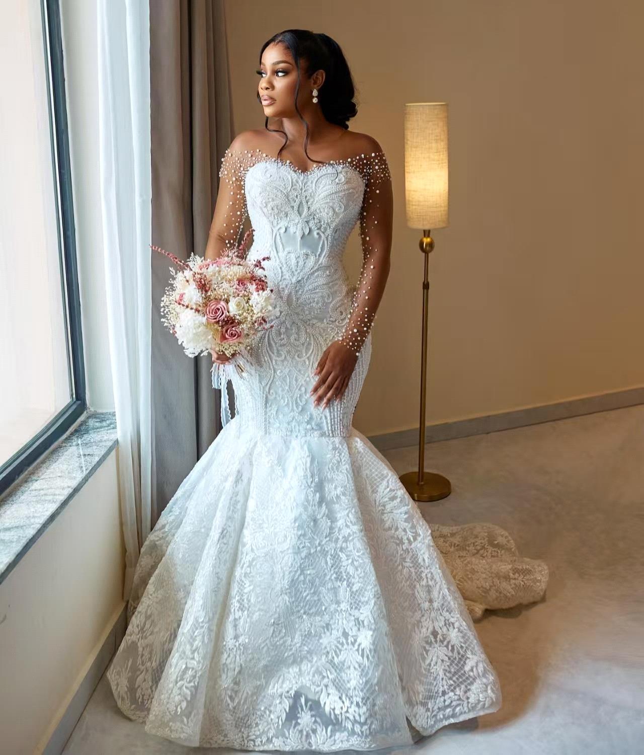 African Aso Ebi 2025 Off White Mermaid Wedding Dress Sheer Neck Full Sleeves Beaded Pearls Vintage Elegant Bridal Gowns Dresses BC20203 0212