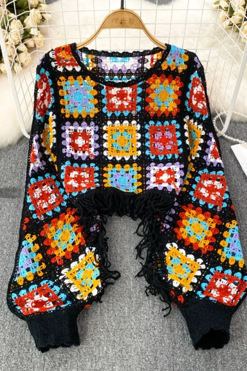 Chic Sweater Womens O-neck Color Blocking Sweaters For Women Knitted Hollow Out Pullover Feminina Tassel Lantern Sleeve Dropship 250210