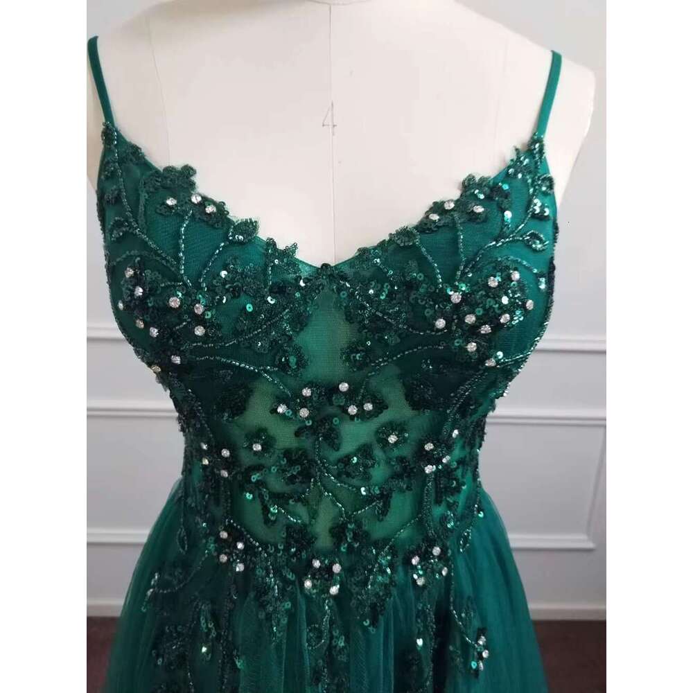 Dark Green Straps Soft Tulle Evening Dresses Beaded Sequin Appliques Crystal Formal Party Prom Gowns Vestido