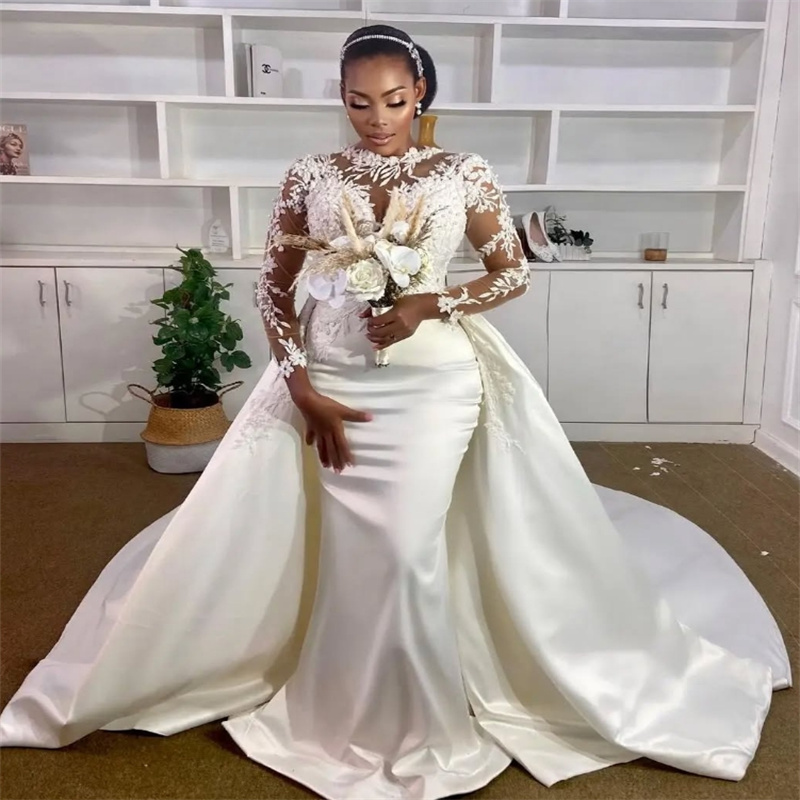 Luxury Mermaid Wedding Dress With Overskirt Train Plus Size African Black Women Bridal Dress Lace Long Sleeve Civil Vestido De Casamento 2025 Country 