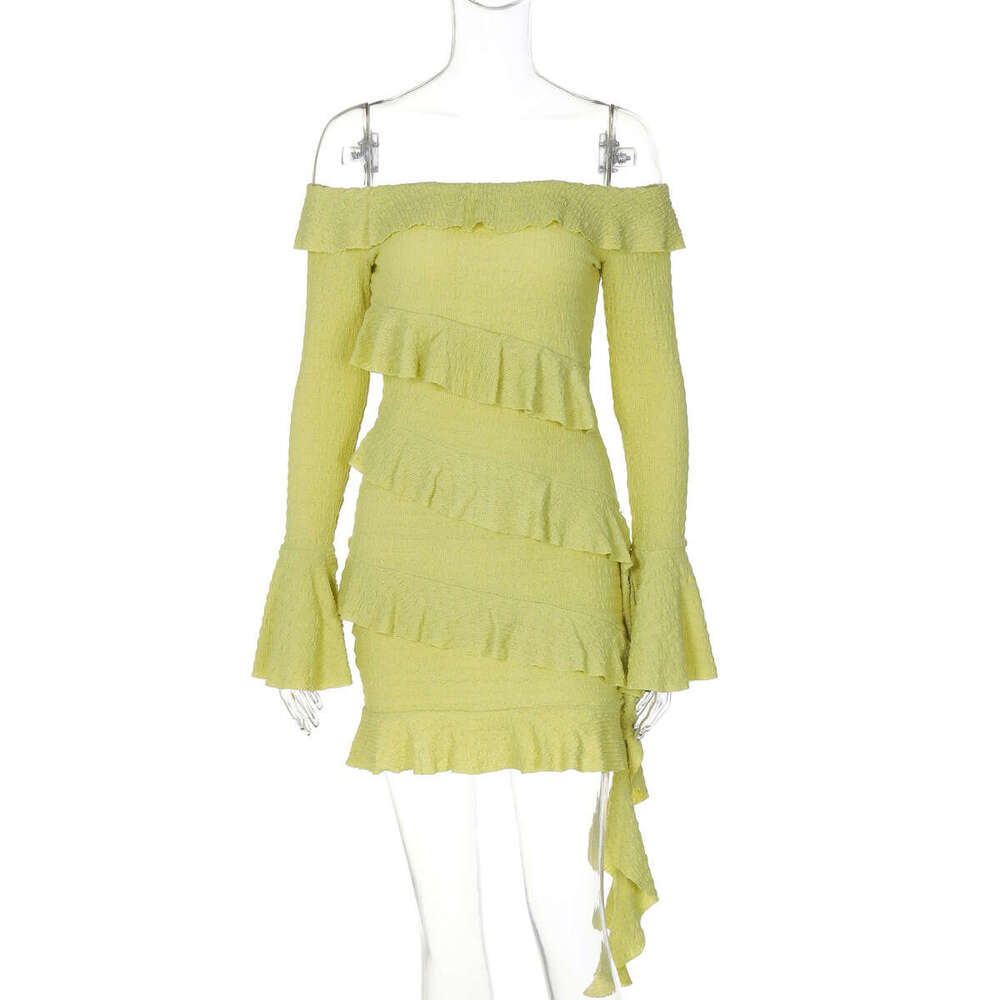 Europe and America hot selg autumn product fashion shoulder lotus leaf edge trumpet sleeve ribbon dress wholesale 2025 temperament versatile new trend