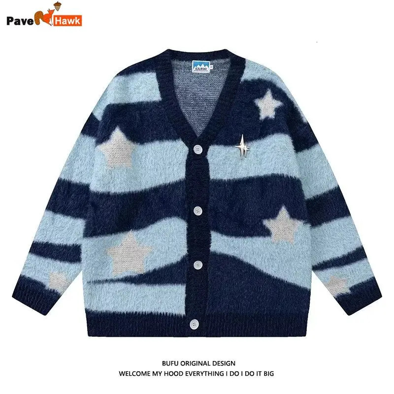 Knitted Cardigan Sweater Men Women Autumn Patchwork Knitted Jumpers Harajuku Loose Hip Hop Streetwear Y2K Star Pattern Jackets 250211