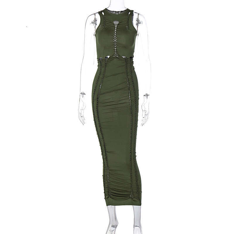 European and American women's summer product fashionable solid color hollow out slim fit round neck sleeveless dress wholesale 2025 new style tem