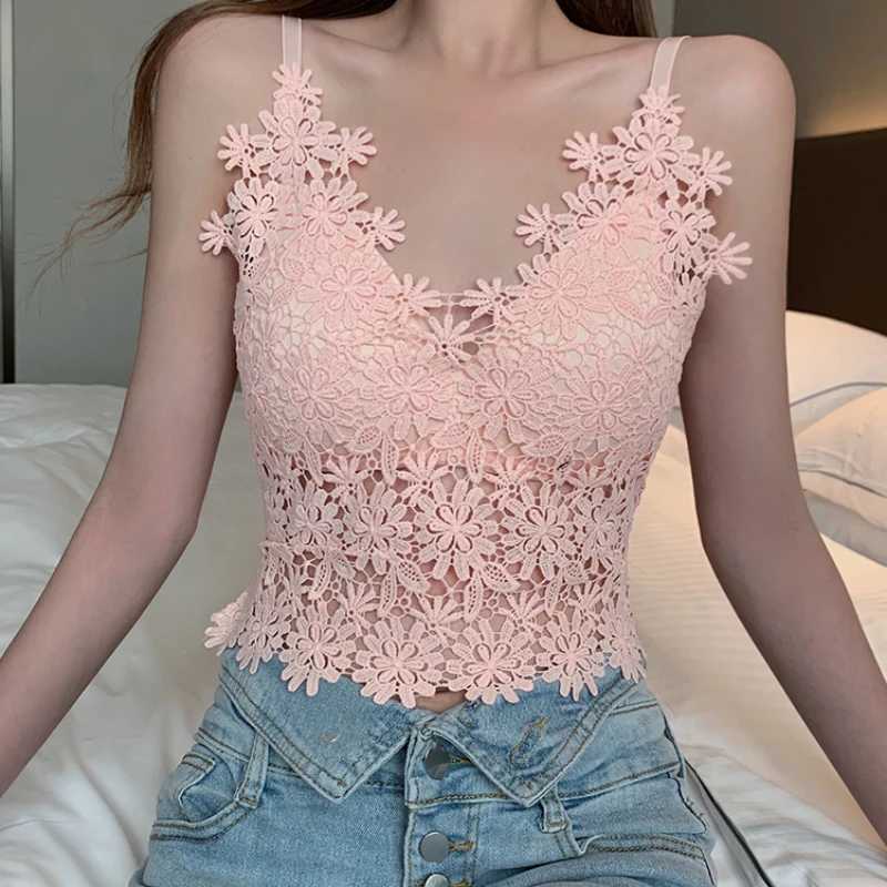 ITOOLIN Summer Women Lace V-Neck Sexy Backless Crop Top Hollow Out Tank Top With Bra Pad Y2K Camis Floral Embroidery Top 2024XJ250212