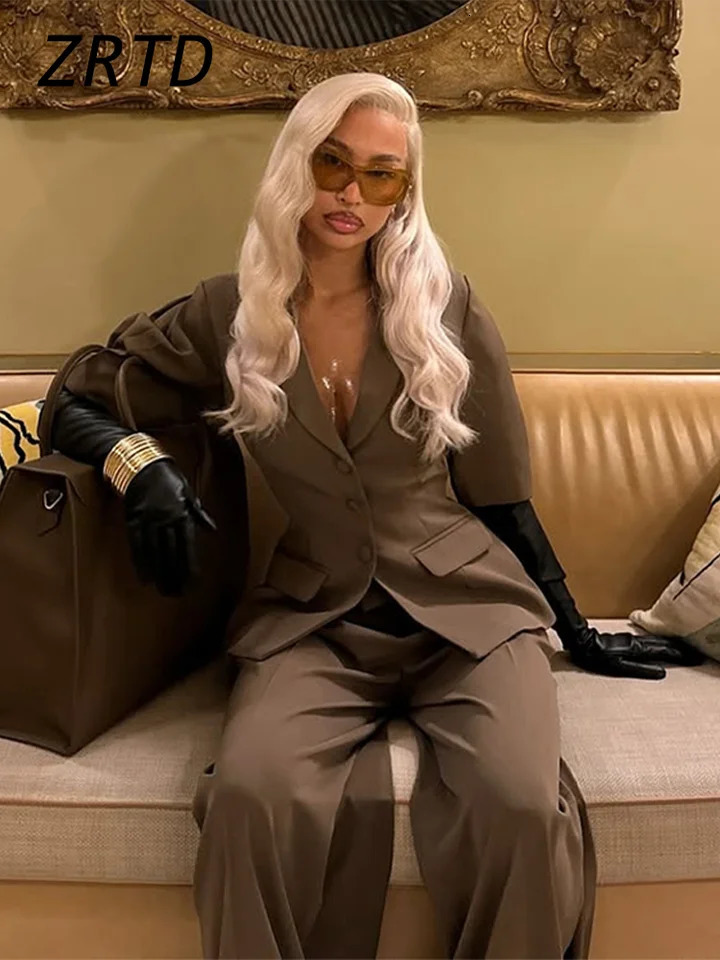 Elegant Solid Blazer Pants Set Shoulder Pads Button Short Sleeve Jacket Wide Leg Trousers 2025 Spring Lady Street Outfits 250211Z