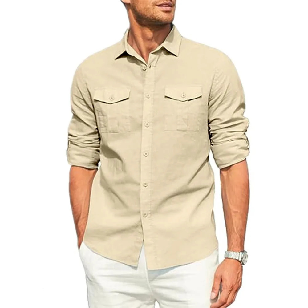 Mens Shirt Double Pocket Cotton Linen Long Sleeve Shirt Casual Holiday Shirt Simple Lapel Solid Cargo Shirts Tops Blouses 250211