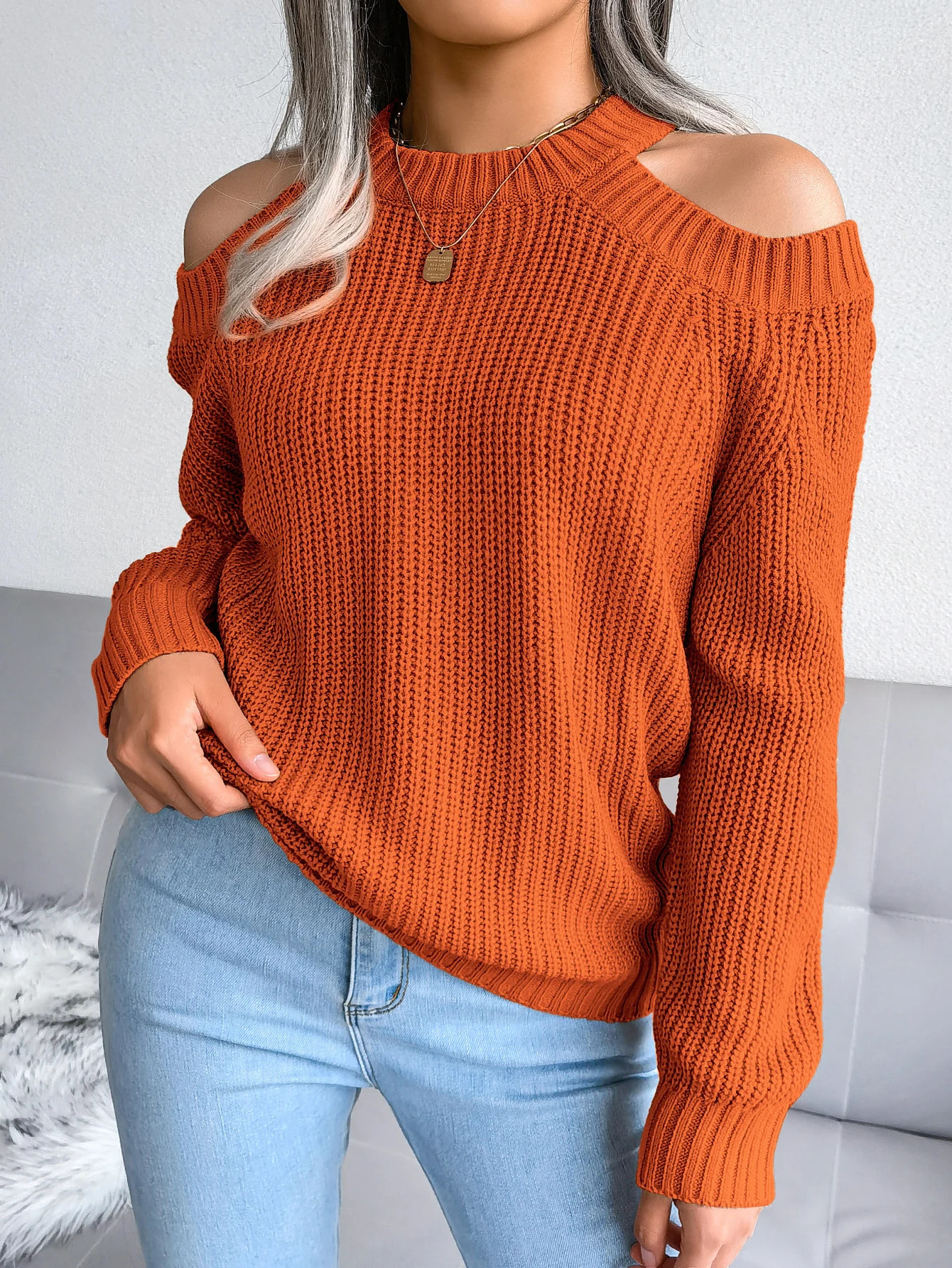 Autumn Winter Casual Solid Color Crew Neck Off Shoulder Long Sleeve Knitted Pullover For Women Sweater Top 250210