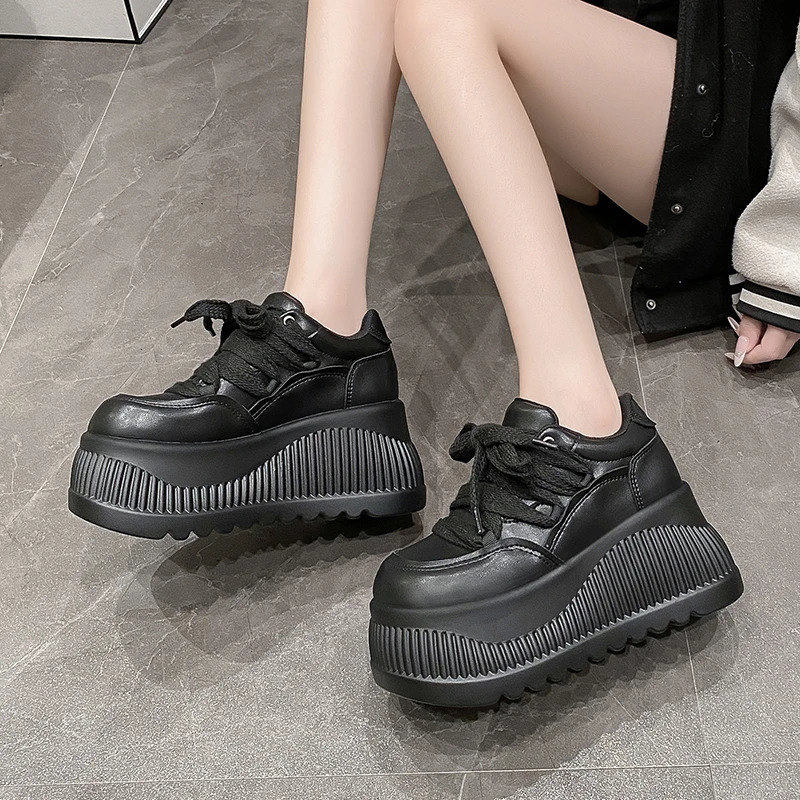 8.5CM Synthetic Microfiber Leather Women Platform Wedge Ladies Chunky Sneakers 2024 High Fashion Vulcanize Pumps Shoes 250207