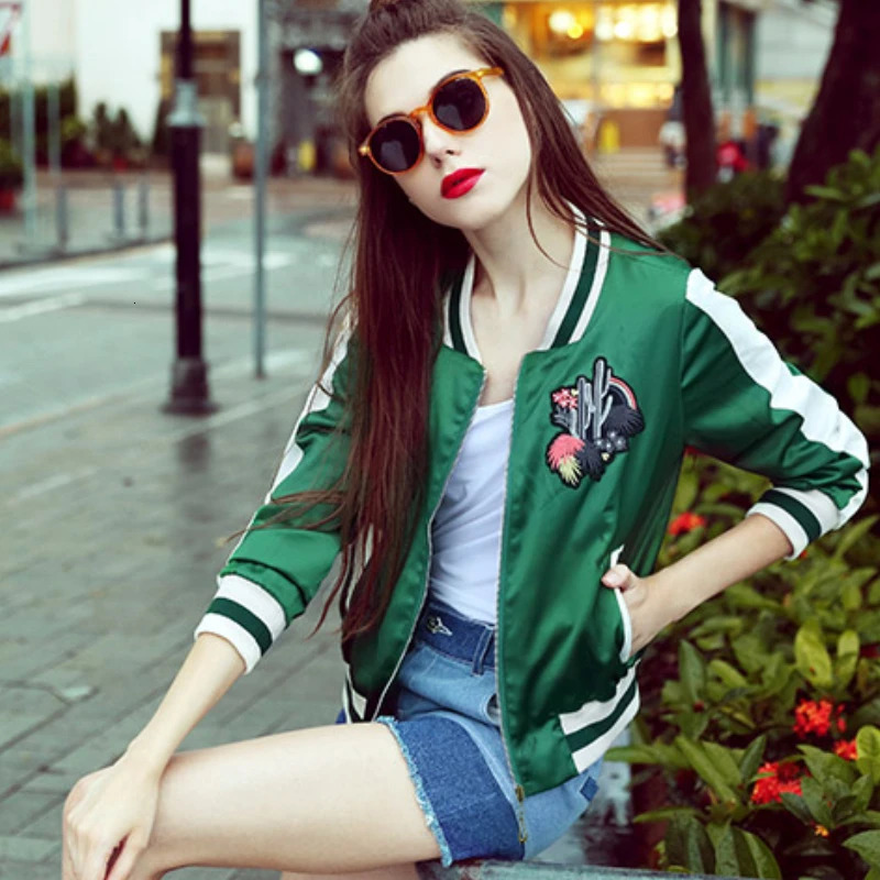 Chic women Bomber Flowers embroidery baseball jacket loose Satin short coat High waist Zipper striped Jacket Outwear Cardigan 250212