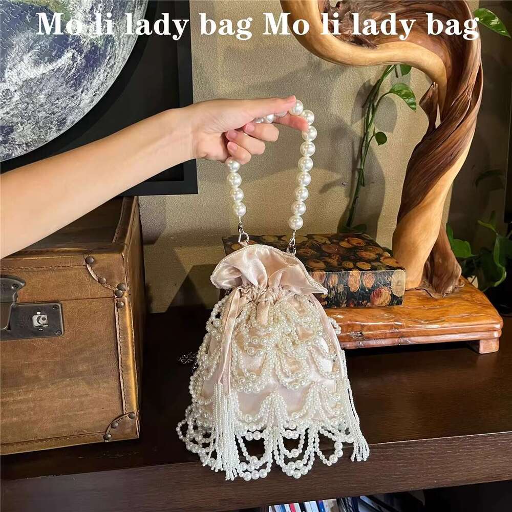 Pearl Beading Tassel Bucket Women's Handbag Beads Beaded Handmade Evening Wedding Party Clutch Purse Shoulder Bag