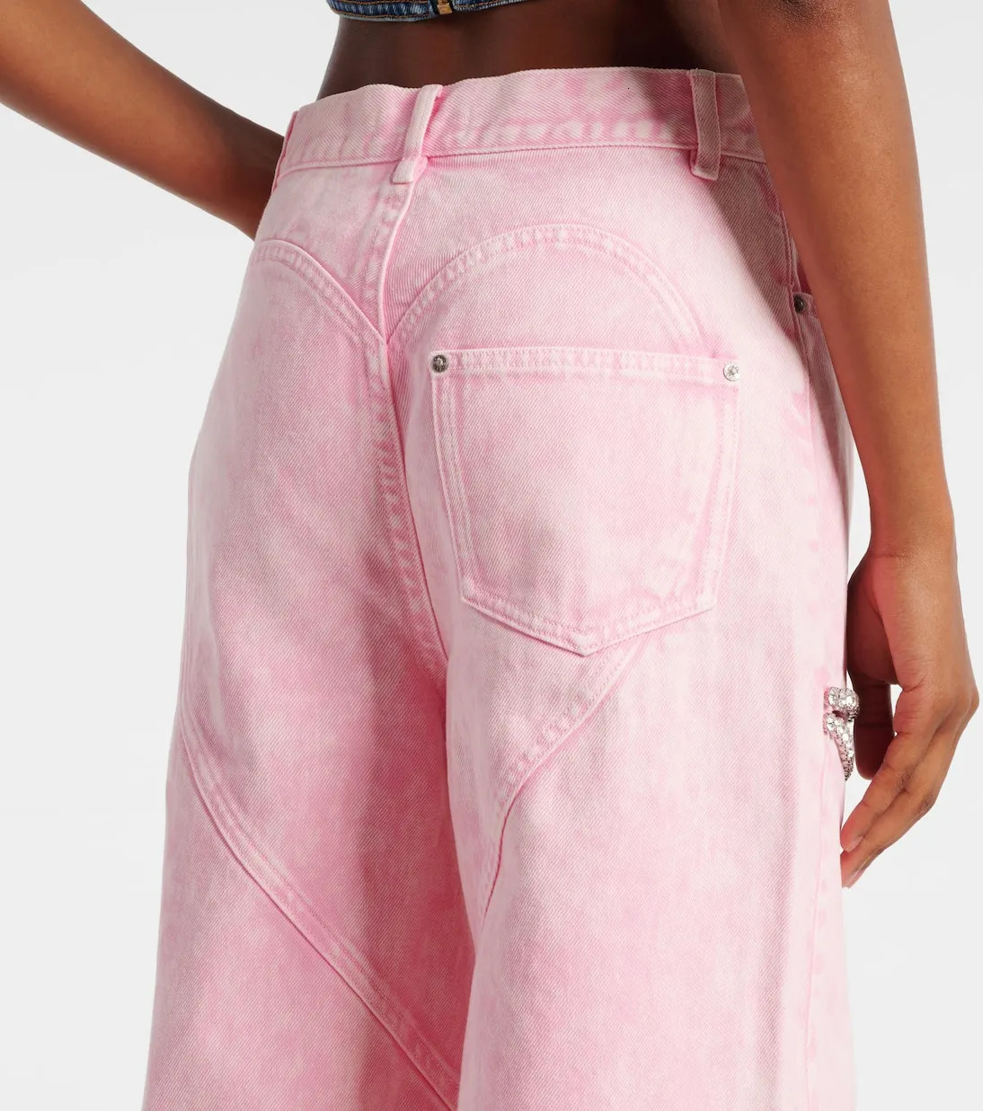 VGH High Street Spliced Diamonds Denim Trousers for Women High Waist Hollow Out Patchwork Pocket Wide Leg Pants Female Style 250212