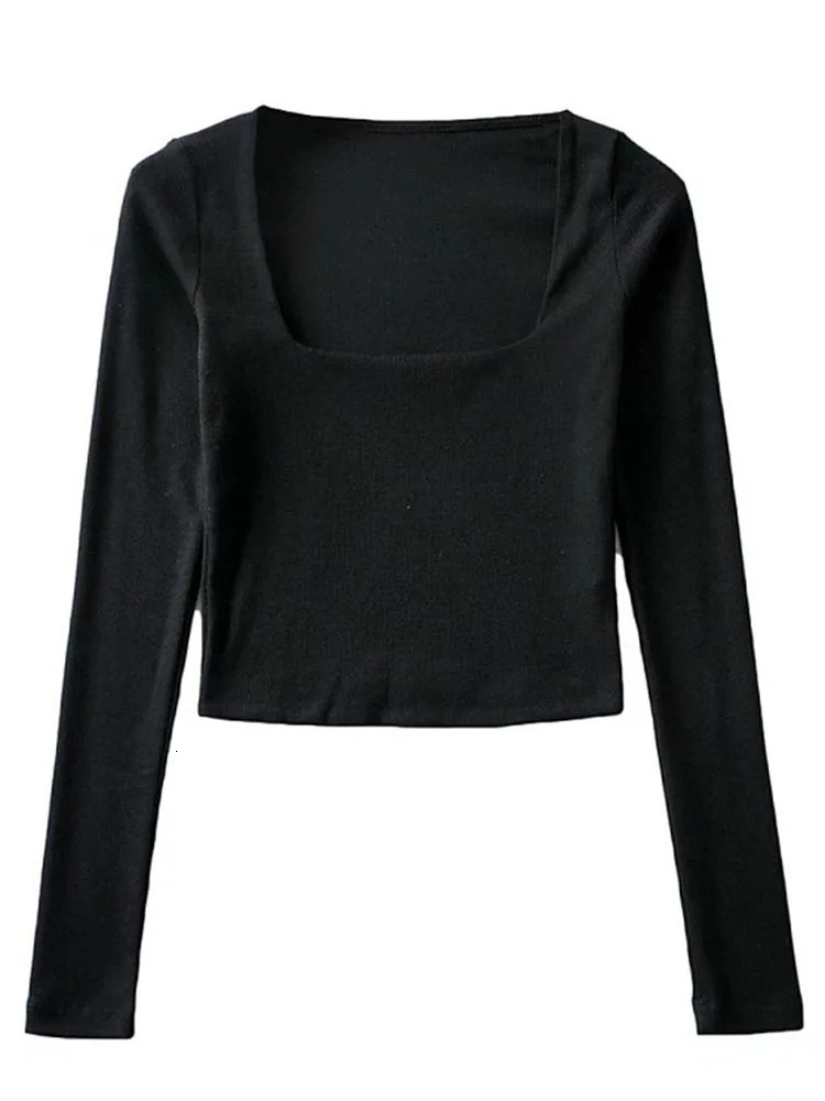 Women Cotton Ribbed Square Neck Crop Top With Long Sleeve 250114Z