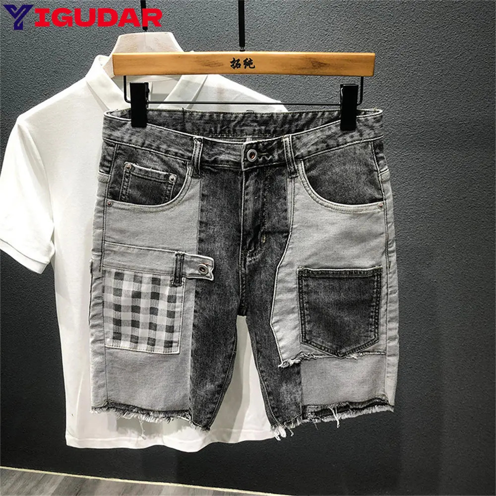Pants mens jeans short hole streetwear Harajuku ultrathin straight denim shorts summer casual bag open top 250211