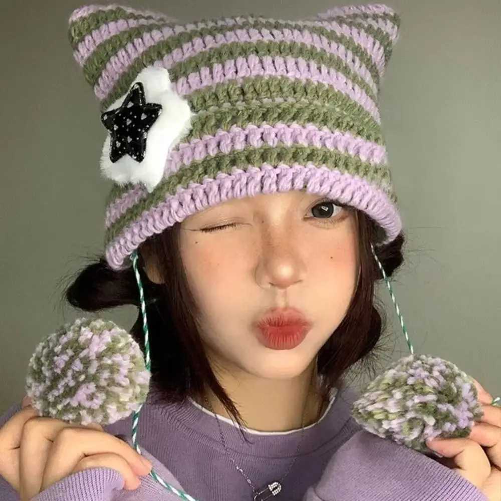 Ears Pointed Plover Y2K Cute Y2K Beanie Hat Striped Devil Ear Cat Star Devil Hat Autumn Winter X250212