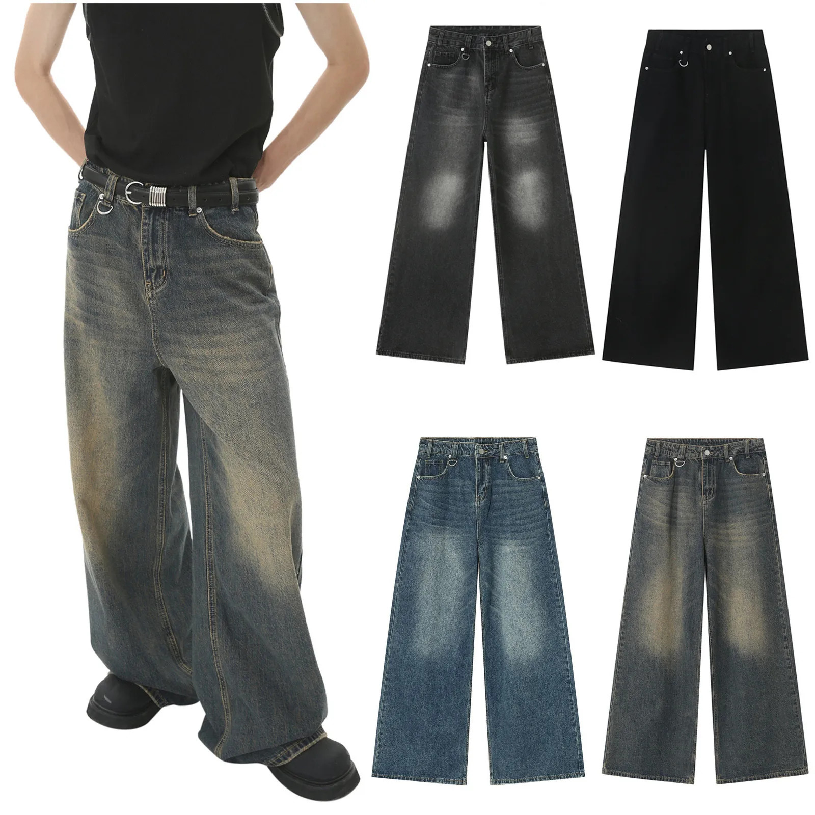 Vintage Jeans For Men Wide Leg Sweatpants Mens Baggy Retro Trousers Korean Fashion Loose Fit Denim Pants Streetwear 250210