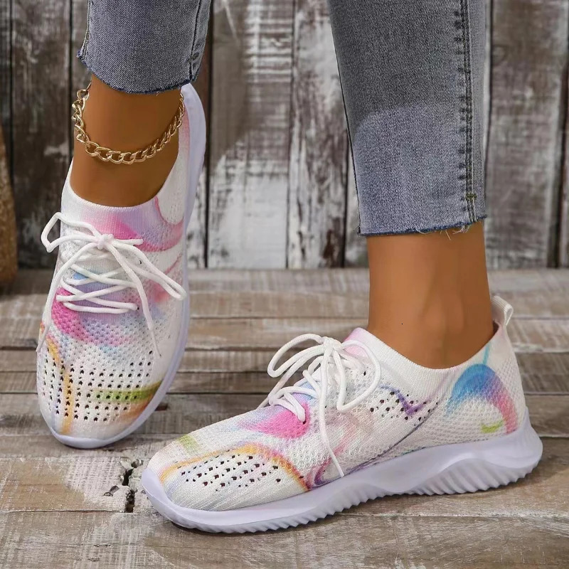 Women Mix Color Mesh Knitted Sneakers 2024 Autumn Lightweight Breathable Soft Sole Running Shoes Woman Slip on Flats Sock Shoes 250207