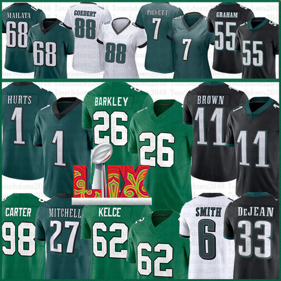 Jalen Hurts Saquon Barkley Football Jersey AJ Brown Carter DeVonta Smith Jason Kelce Cooper DeJean Lane Johnson Mailata Goedert Zack Baun Quinyon Mitchell Foles