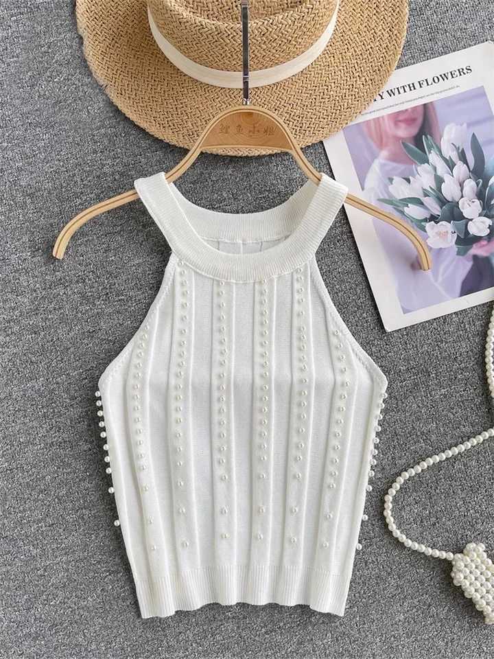 Zik Hekiy Pearls Women Tops Strapless Backless Slim Fit Senior 2024 Korean Style Fashion Streetwear Mini Knitted TankXJ250212