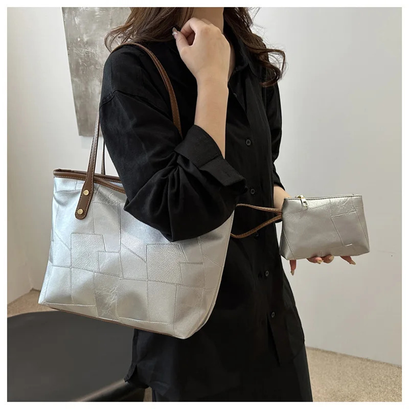 Vintage Patchwork PU Leather Casual Tote Bags For Women Large Capacity Shoulder Bag Ladies Handbags And Purses 250207