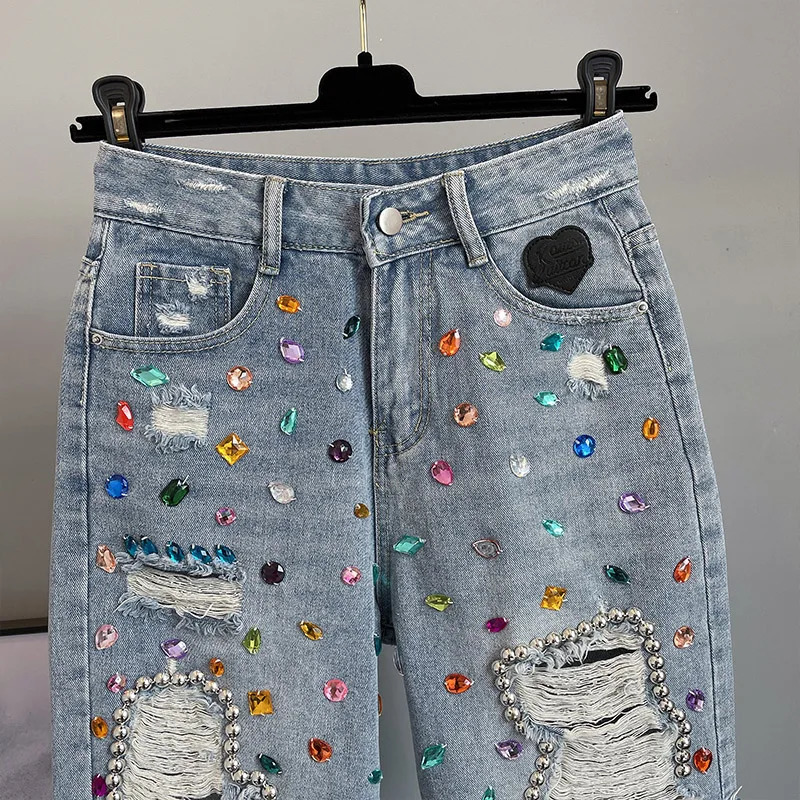 Colorful Diamond Studded Nail Bead Ripped Jeans Blue High Waisted Loose Shorts Shiny Fashionable Versatile Casual Trousers 250212