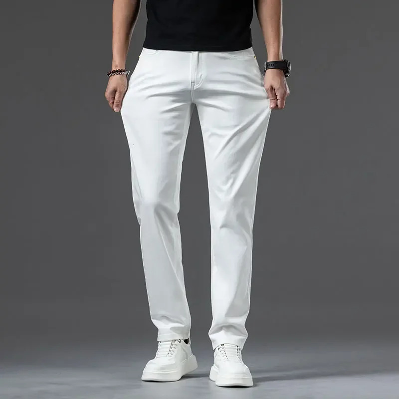 Summer Thin Mens Straight Denim Cotton Stretch Creamywhite Jeans Classic Business Pants Fashion Trousers Male 250210