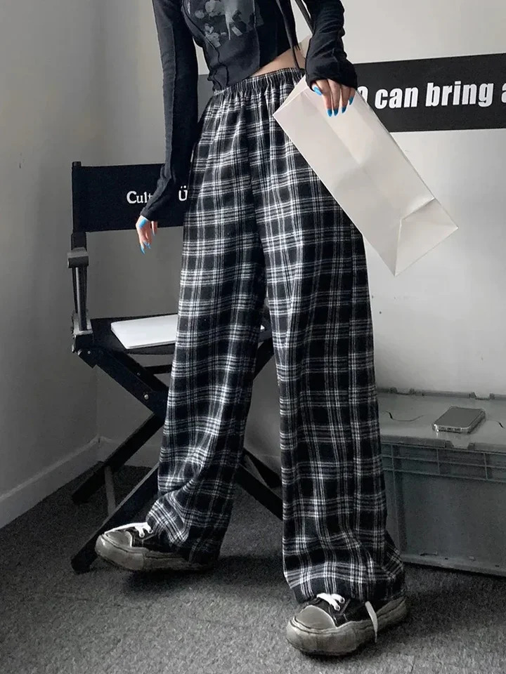 Zoki womens hiphop streetwear black flat bottomed pants Harajuku student oversized wide leg fashionable elastic waist casual 250211Z