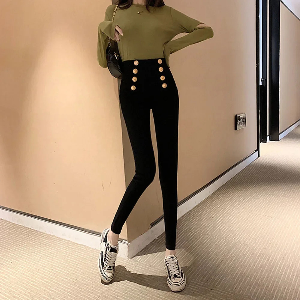 Fashion womens trousers Spring autumn highelastic doublebreasted tightfitting highwaisted slimming pants 250211Z