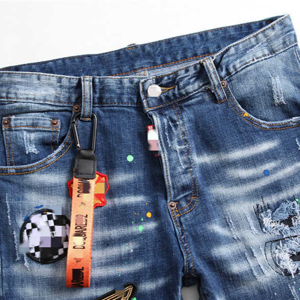 Embroidered personalized splash-ink jeans Men's stretch slim-fit ripped badge slim-fit small straight tide pants J250212