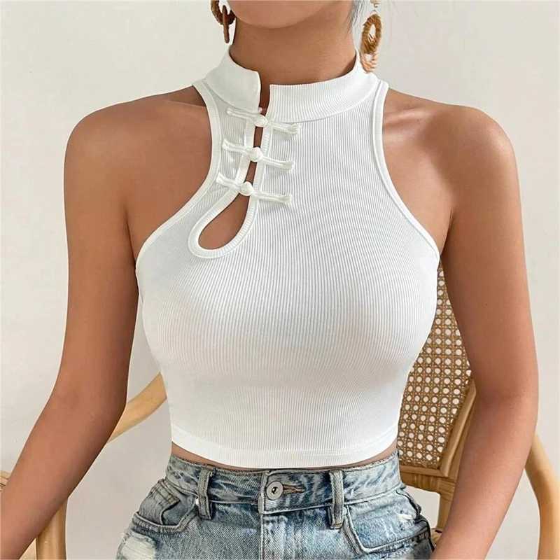 2024 New Fashion Women Vintage Chinese Button Tank Tops Halter Tops O-Neck Ele Crop Tops Off Shoulder Tops For WomenXJ250212