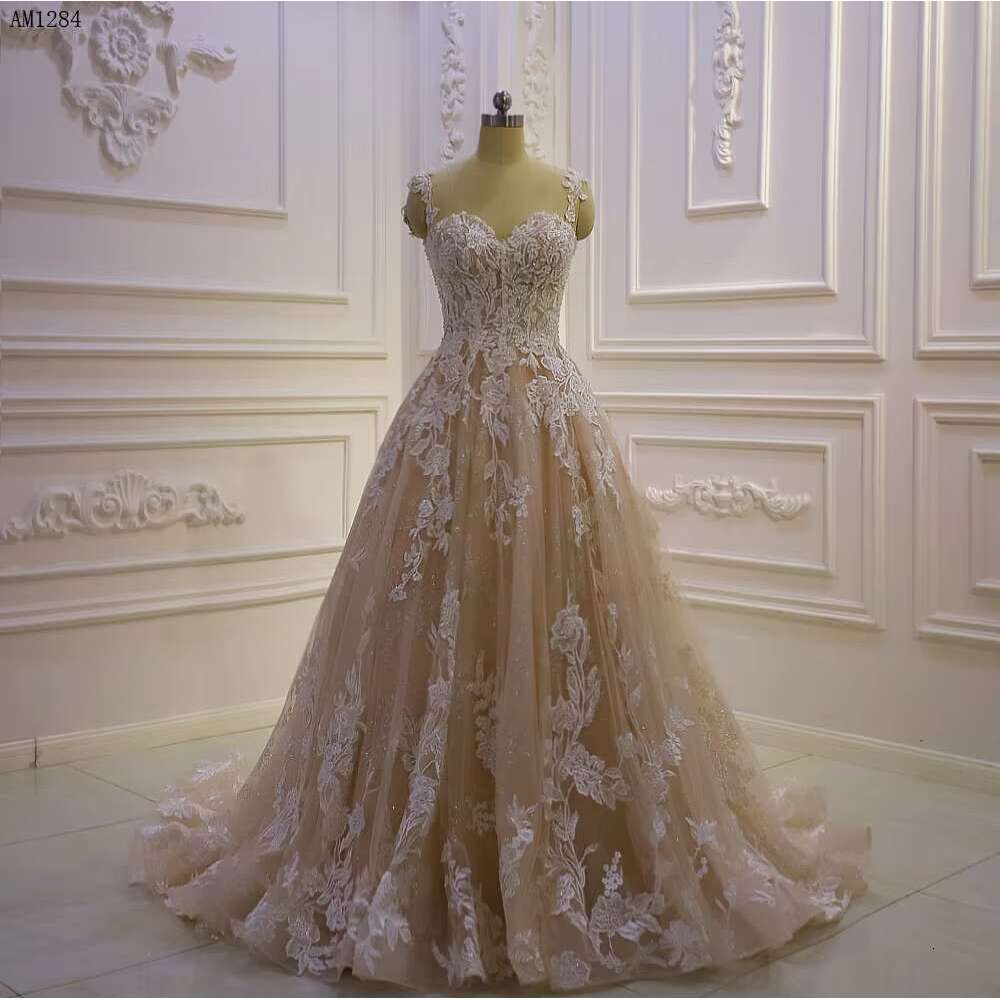 Customized Am1284 Champagne Spaghetti Straps Beach A-E Wedding Dress
