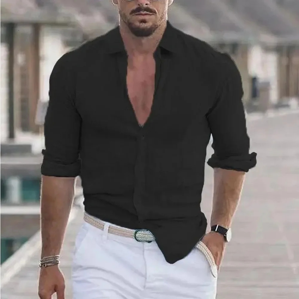Mens Shirt Cotton linen Casual Polo Neck Beach Shirt Long Sleeve Solid Hawaiian Holiday Shirts Streetwear 250211