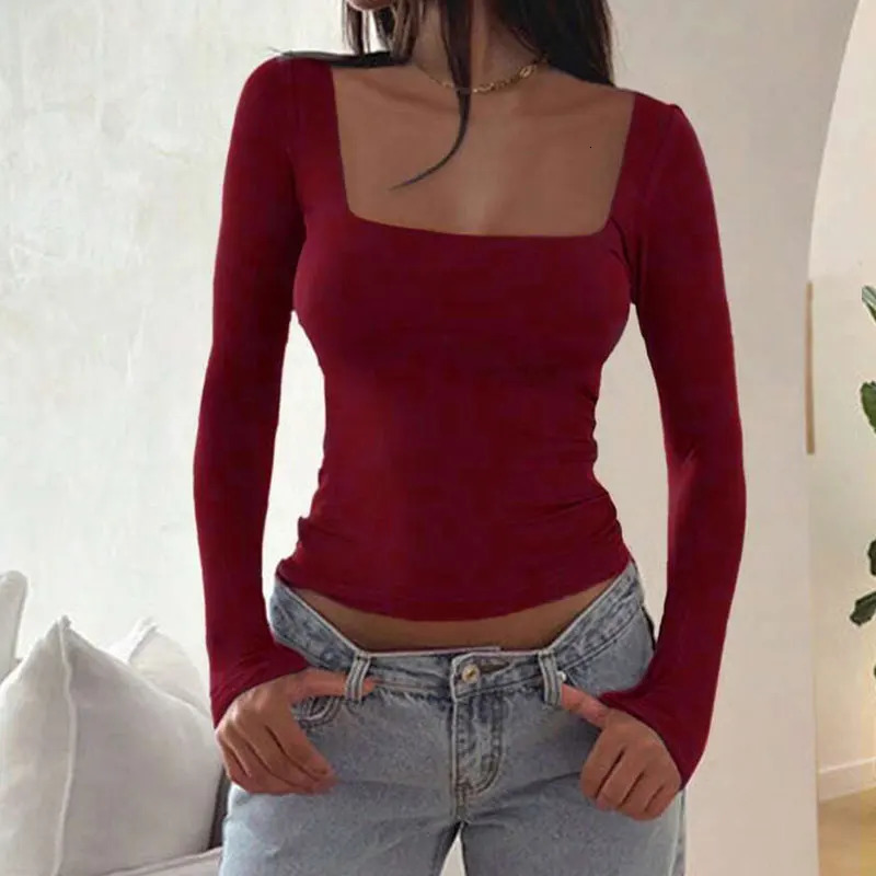 Women Tshirt Autumn Sexy Low Chest Solid Elegant Streetwear Fashion Long Sleeves Casual Slim Versatile Female Tees 250114Z
