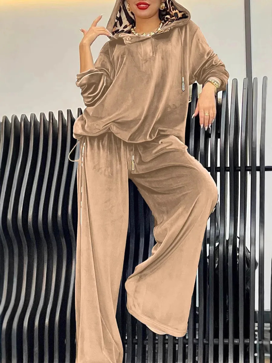 Women Autumn Winter Trouser Set Pants Set Solid Color Hooded Wide-leg Pants High Waist Casual Warm Fashion Comfortable Regular 250207