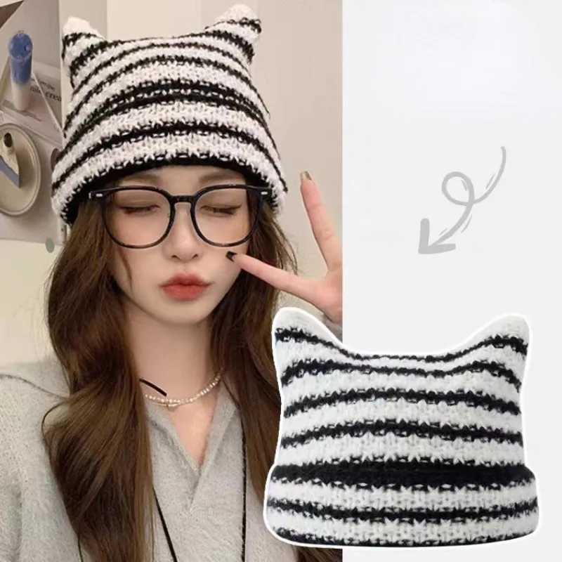 New Japanese Streetwear Harajuku Beanie Little Devil Striped Knitted Hat Wen Girls Autumn Winter Cute Cat Ears Cap X250212