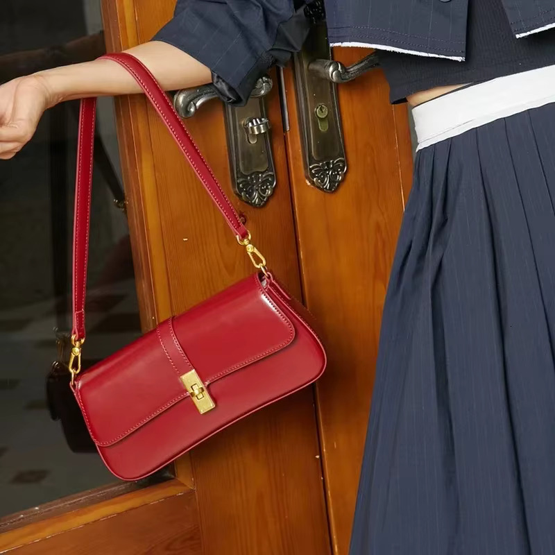 Underarm Cowhide Genuine Leather Handbags Women Vintage Shoulder Bag Female Crossbody Bags High Quality 2025