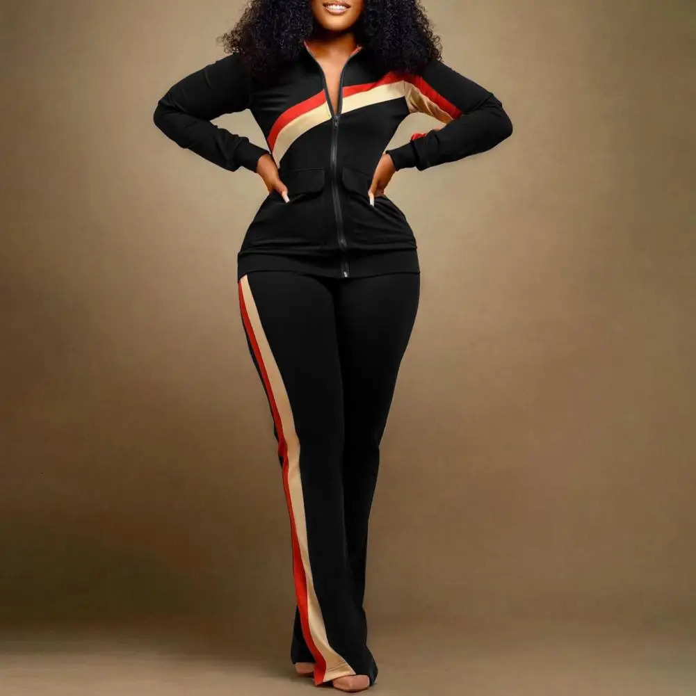 Casual Twopiece Set Women Sports Suit Stylish Womens Striped Coat Pants Lapel Jacket Elastic Waist Soft Warm Fall 250211Z