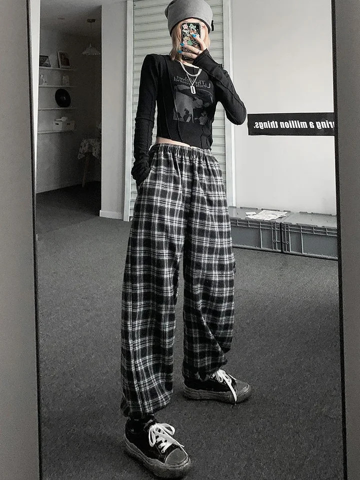 Zoki womens hiphop streetwear black flat bottomed pants Harajuku student oversized wide leg fashionable elastic waist casual 250211Z