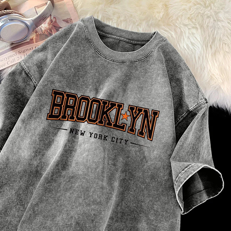 Brooklyn York City Tshirt Men Black and Orange Letter Shirt Cotton Retro Washed Short Sleeve Gym Sports Tshirts Tiki 250118