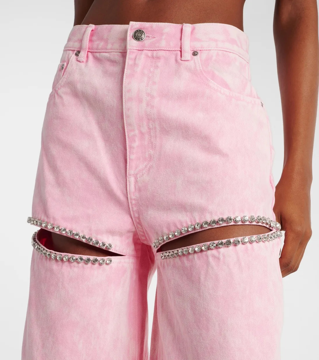 VGH High Street Spliced Diamonds Denim Trousers for Women High Waist Hollow Out Patchwork Pocket Wide Leg Pants Female Style 250212