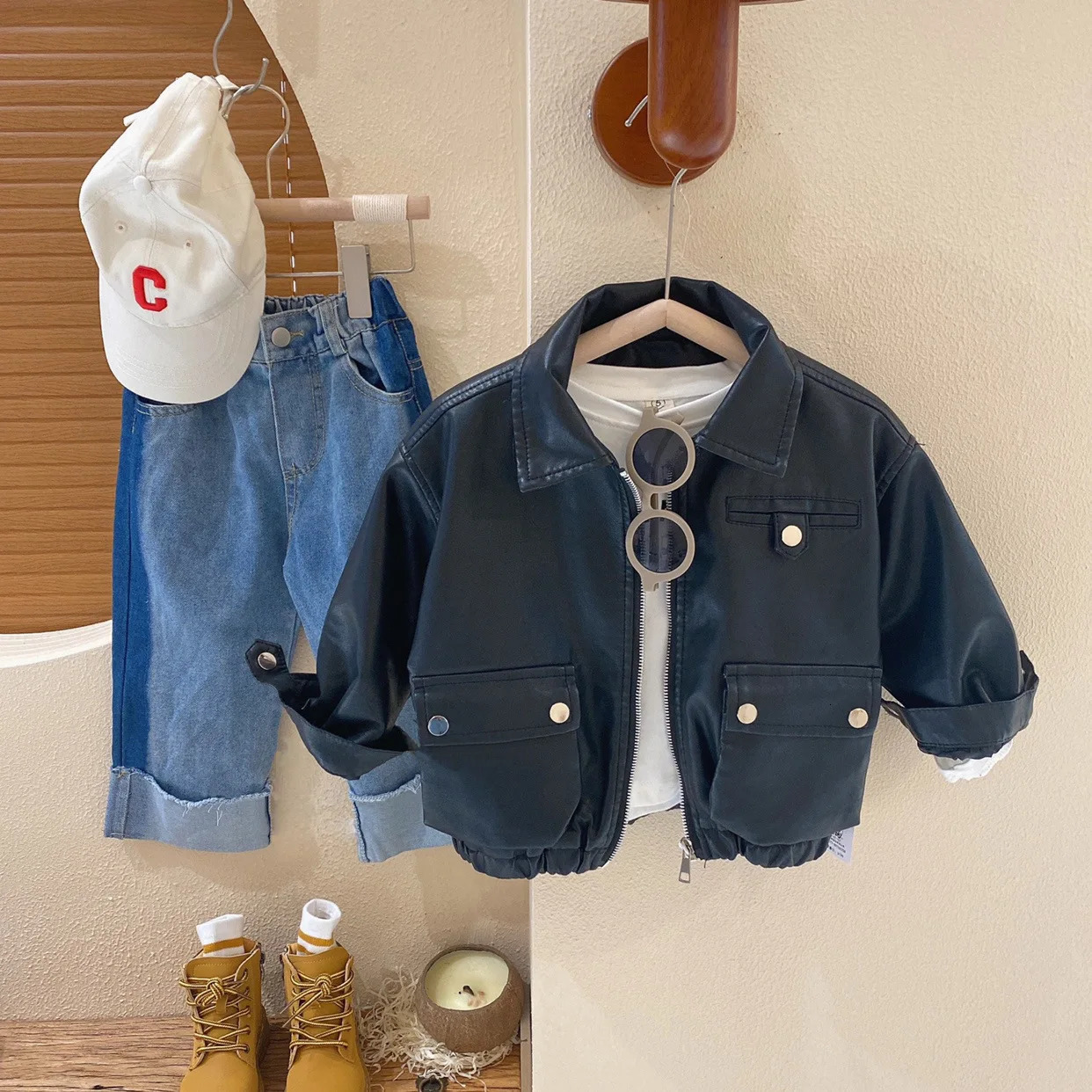 Boys Clothes Fashionable Baby Korean GirlsTop Leather Jacket Cool Handsome Coat Trend 250211