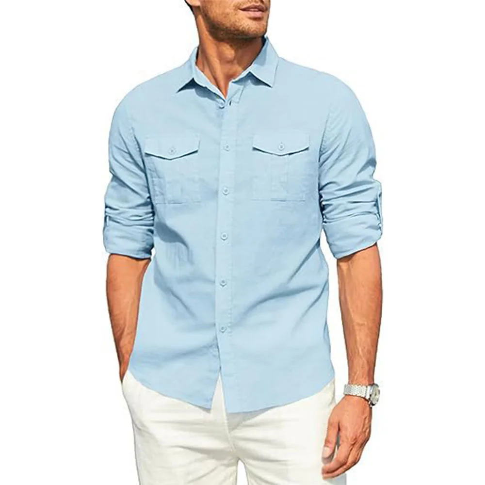 Mens Shirt Double Pocket Cotton Linen Long Sleeve Shirt Casual Holiday Shirt Simple Lapel Solid Cargo Shirts Tops Blouses 250211