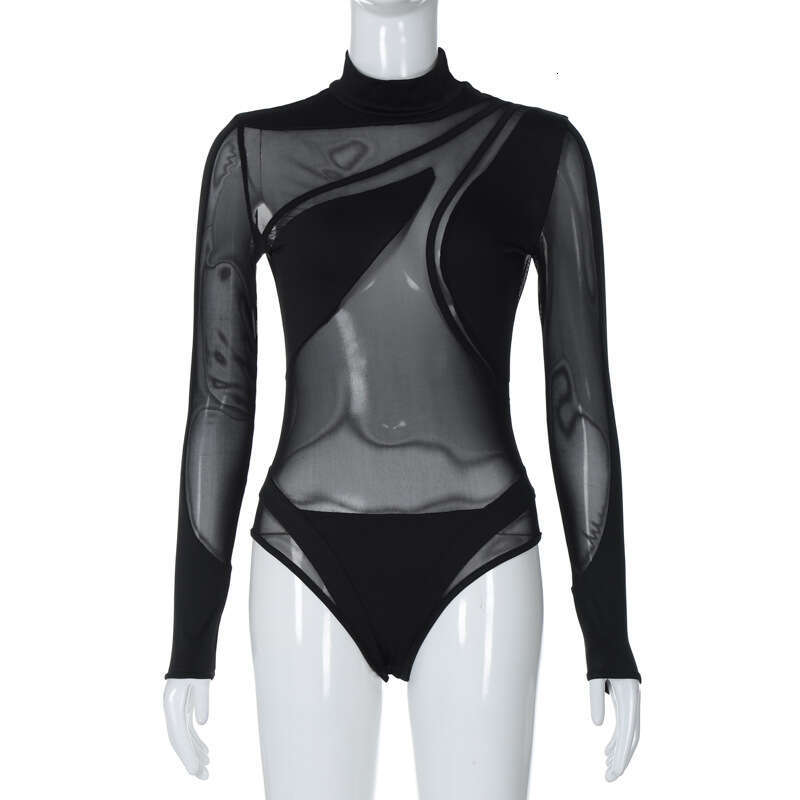 Hot selg women's summer product sexy mesh splicing perspective slim fit long sleeved jumpsuit wholesale 2025 new casual fashion trend clothing