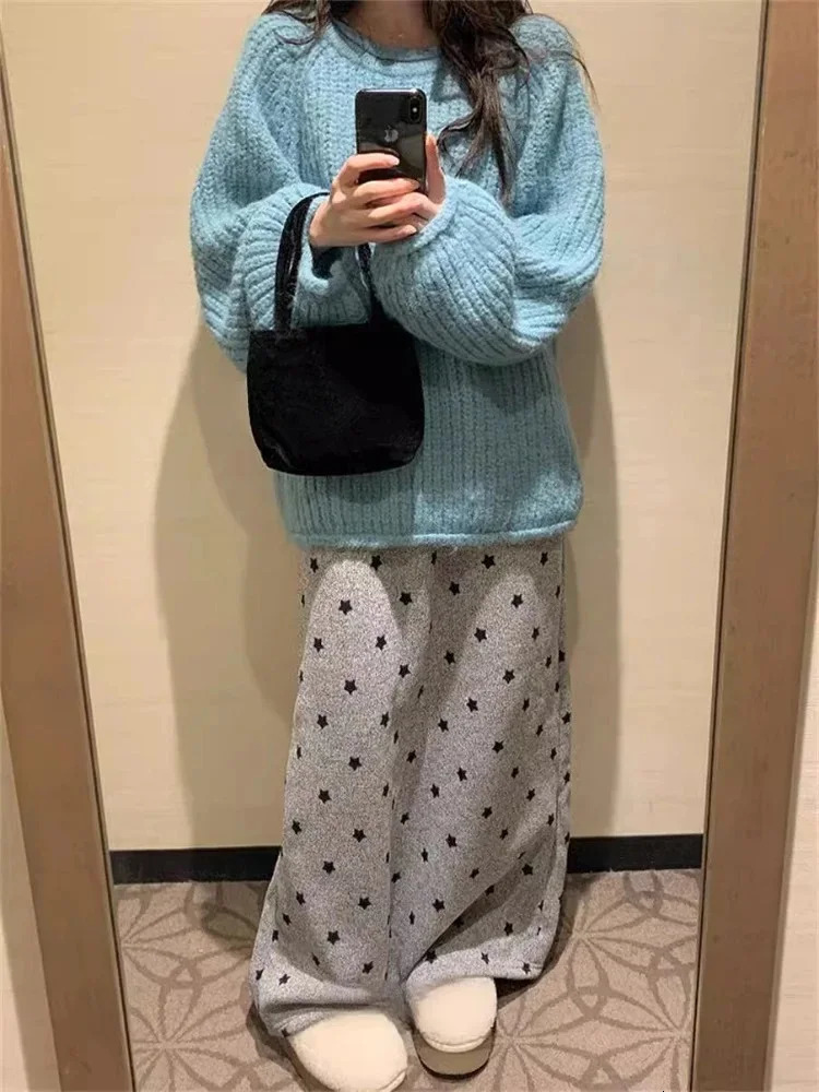 2025 Faldas Mujer De Moda Fashion Thicked Skirt Korean Long Skirts Women Elastic Waistband Bandage Jupe Star Print Casual Saia 250122