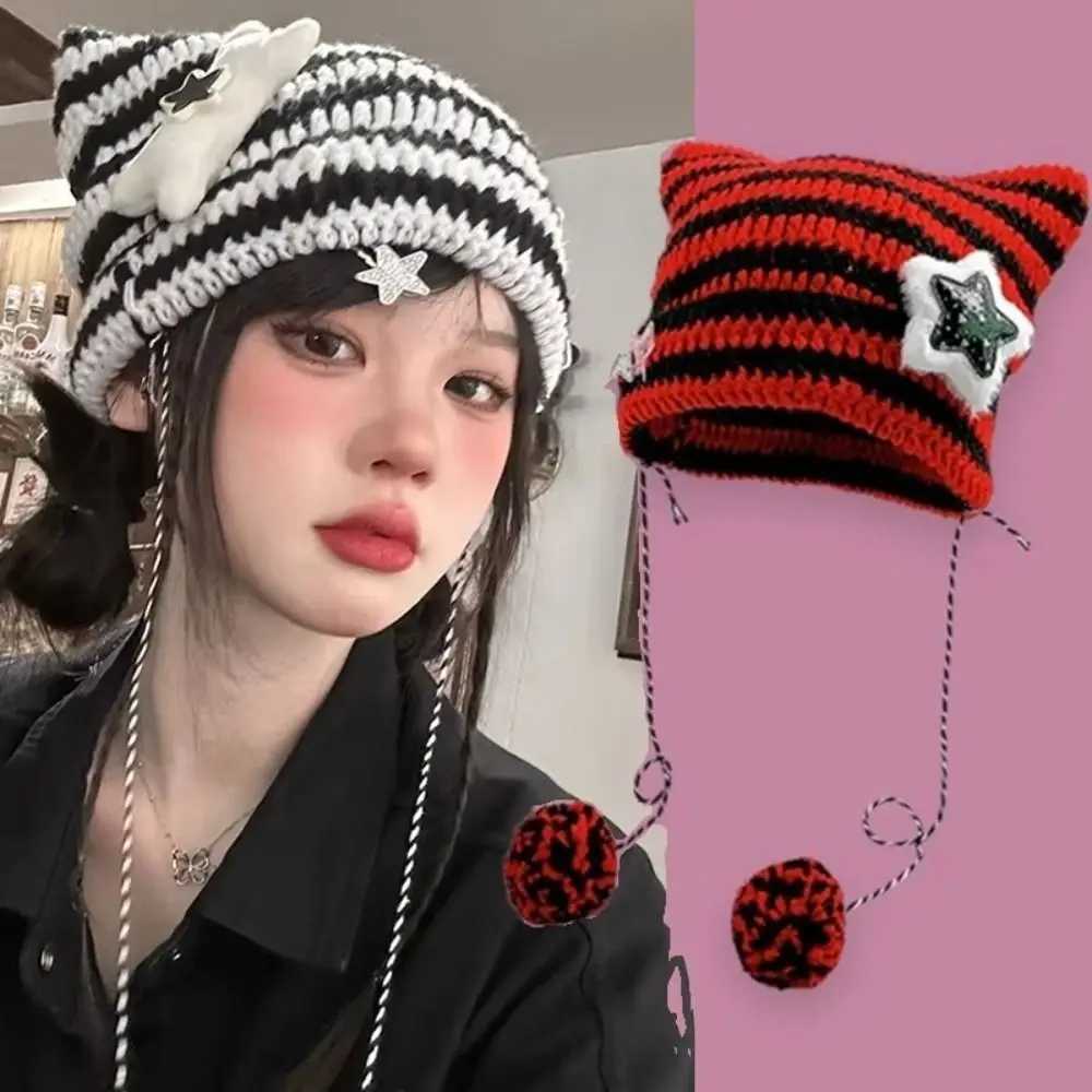 Ears Pointed Plover Y2K Cute Y2K Beanie Hat Striped Devil Ear Cat Star Devil Hat Autumn Winter X250212
