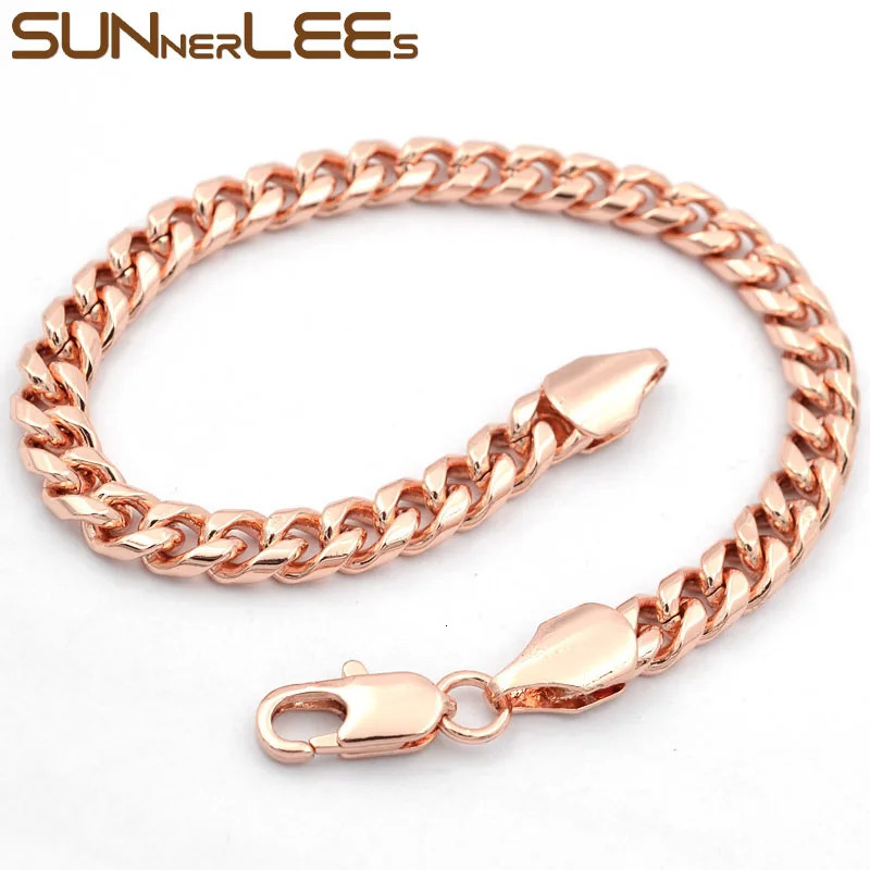 SUNNERLEES Fashion Jewelry Rose Gold Plated Bracelet 6mm Curved Cuban Chain Mens and Womens Gift C71 250211