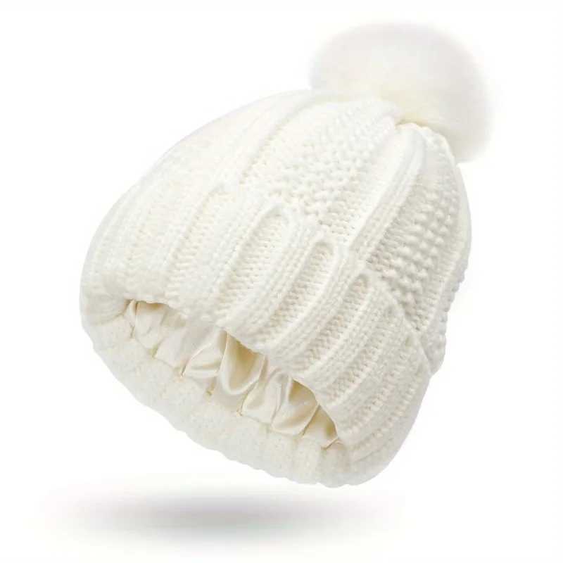 Soft Satin Li Beanie With P Solid Color Knit Hats Breathable Cuffed Beanies Elastic Skl CapForWen Girls Autumn Winter X250212