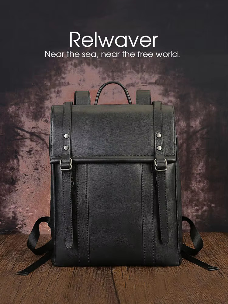 Relwaver Men Women Genuine Leather 2025 Spring Big Capacity Travel Black Cover Business Backpack