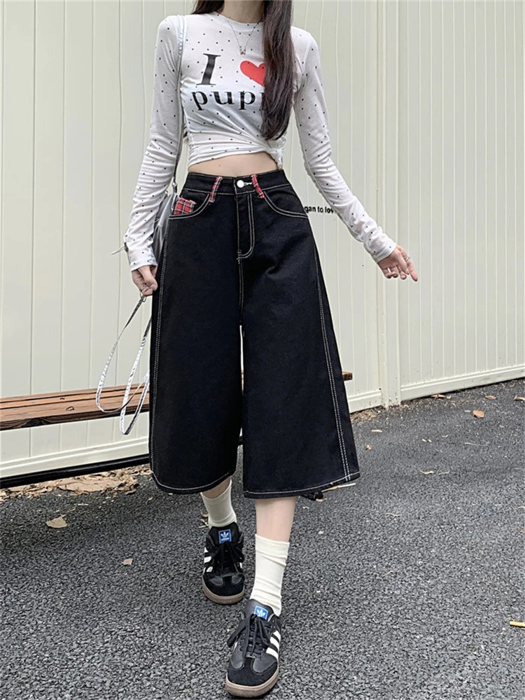 Summer Street Womens Black Regular Cropped Jeans Young Wide Leg Denim Shorts Female High Waist Loose Retro Capris Pants 250212